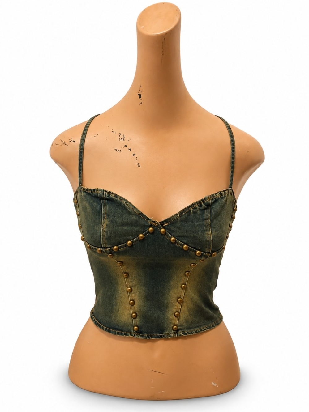 Acid Wash Denim Studded Bustier Crop Top - Women's Size, Small.